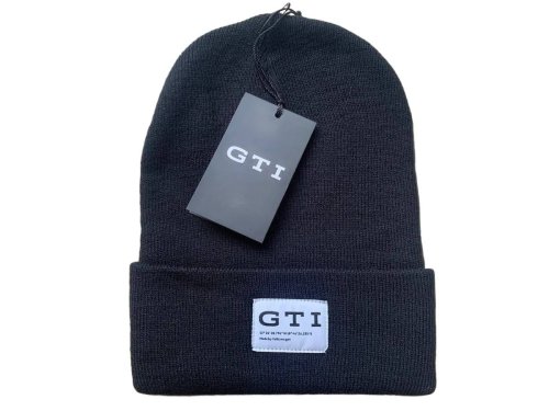 Black GTI knit beanie with white label – Made by Volkswagen, unisex winter hat