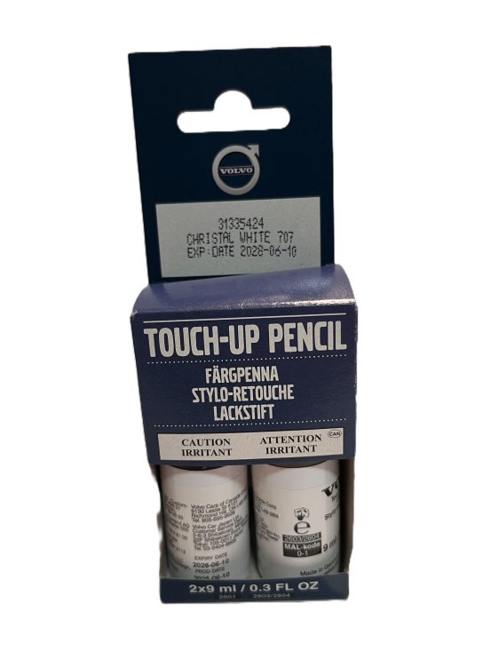 Genuine Volvo touch up paint set part number 31335424, Crystal White Pearl 707 color, for car paint correction.