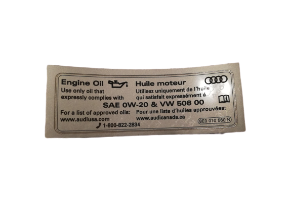 8E0010560N Engine oil information sticker 0W20 508 00 Audi